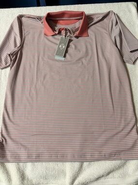 The Southern Shirt Company Men's Striped Button-Down Polo in Coral and White. SM